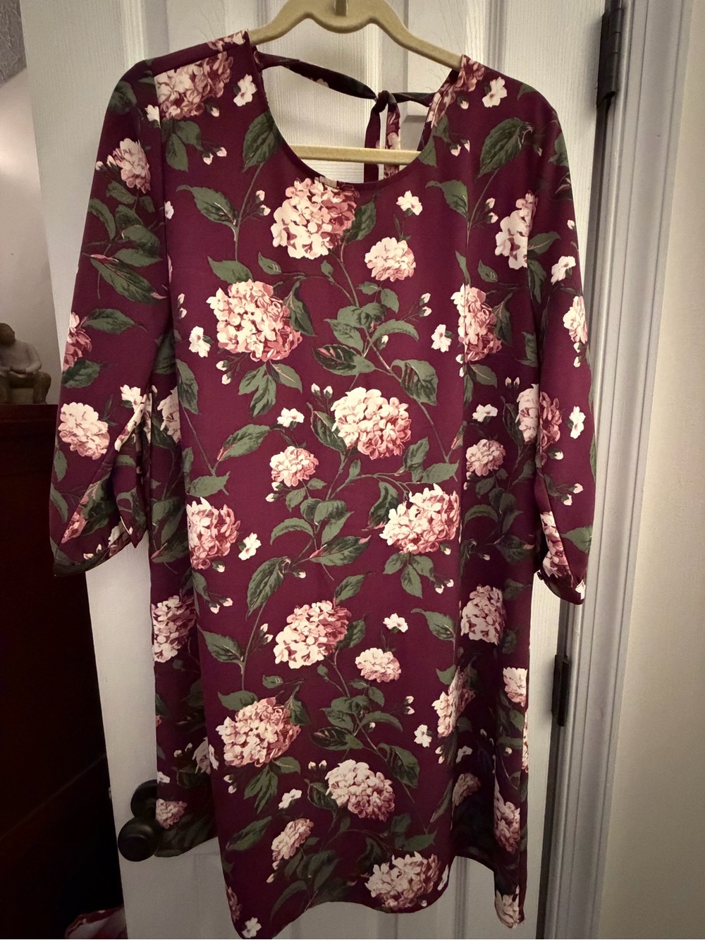 LOFT Burgundy Floral Dress with Green Leaves